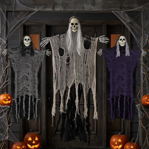 3PCS Halloween Hanging Ghosts Skeleton Decor for Indoor Outdoor Spooky Scene