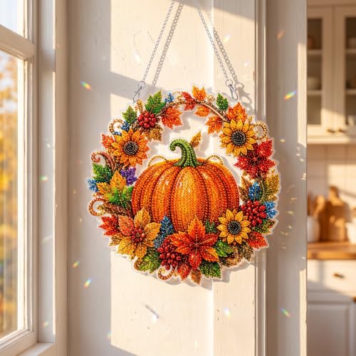 Autumn Pumpkin Diamond Art Kit - DIY Rhinestone Suncatcher for Fall Decor