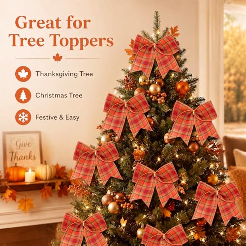 Fall Buffalo Plaid Bow Decorations - 6 Inch Set of 12 in Orange, Green, Red
