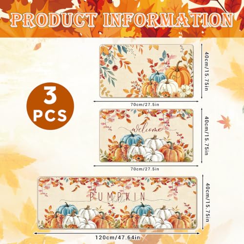 Fall Pumpkin Kitchen Mat Set - Autumn Fall Kitchen Rugs, 3-Piece with Non-Slip Backing