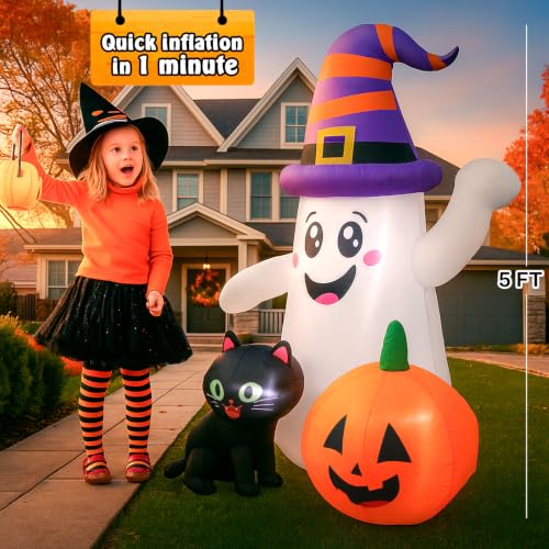 5 Ft Halloween Inflatable Ghost with Pumpkin and Black Cat – Indoor/Outdoor Decor with LED Light