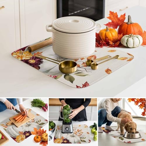 Fall Dish Drying Mat White Pumpkin Red Orange 18x24 Inch Thanksgiving Kitchen Decor