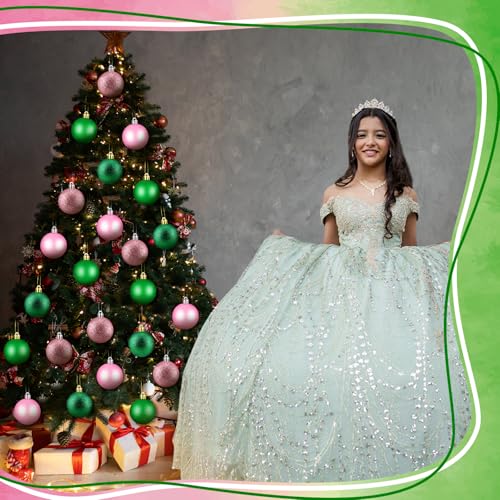 Pink Green Christmas Tree Ornaments Set - Shatterproof 2.4 Inch Xmas Balls