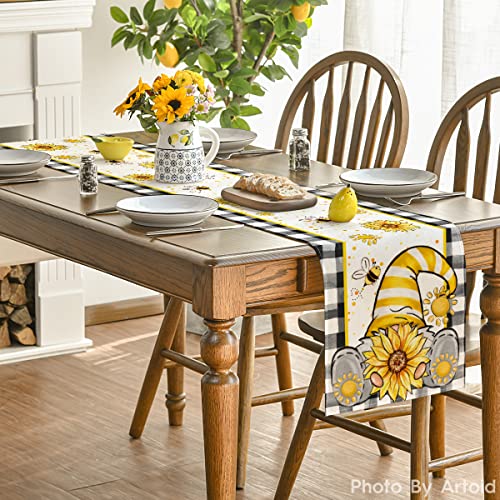 Buffalo Plaid Sunflower Gnomes Table Runner 13x72 Inch - Seasonal Kitchen Decor Black Variation