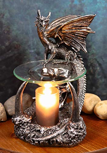 Sabretooth Skull Dragon Oil Warmer - Gothic Decor, Fantasy Fireplace, 8.5" with Variation Grendel Sabretooth Skull Guardian