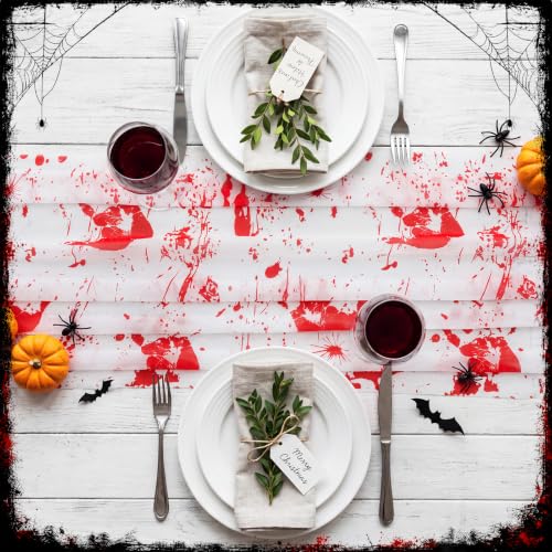 Bloody Handprint Halloween Table Runner Set - 6 Lace Decor 30x70 Inches - Red Variant