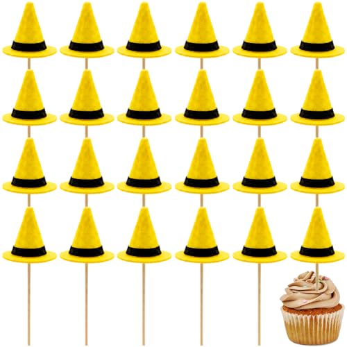 24 Yellow Felt Top Hat Cupcake Toppers - Party & Celebration Decorations