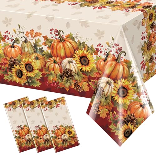 3-Pack Fall Sunflower Pumpkin Tablecloths - 108x54 Inch Disposable Autumn Harvest Rectangular Covers - Variation of 3