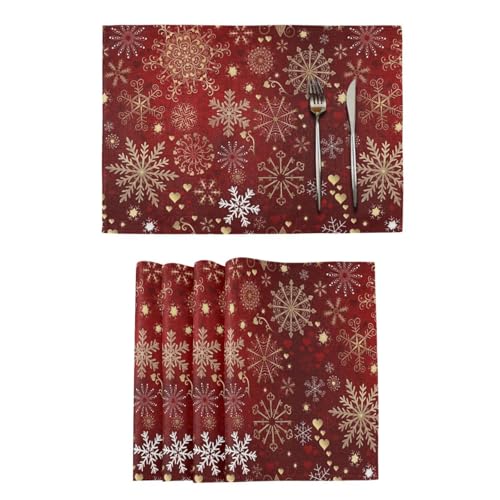 Christmas Placemats Set of 6 - Gold White Snowflakes Holiday Table Mats - Double Sided Burlap, 18x12 Inches - Variation of THIS listing