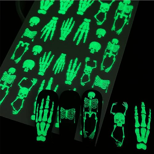 Halloween Glow in The Dark Nail Stickers - 3D Skeleton & Spider Web Decals - Self-Adhesive Nail Art, 4 Sheets - Variation of This Listing