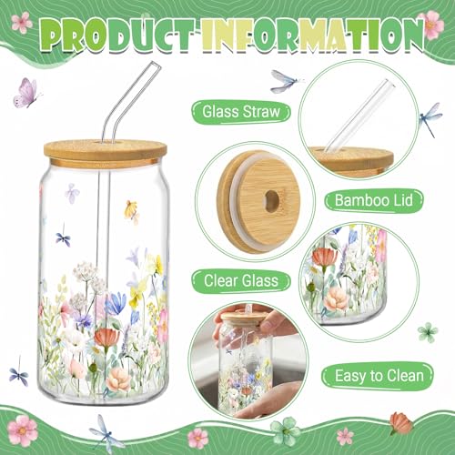 Wildflower Floral Glass Drinking Cups with Lids - 12 Pack, 16oz, Borosilicate
