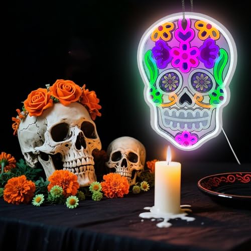 Day of the Dead Neon Sign - Mexican Sugar Skull LED Wall Light for Halloween & Party Decor