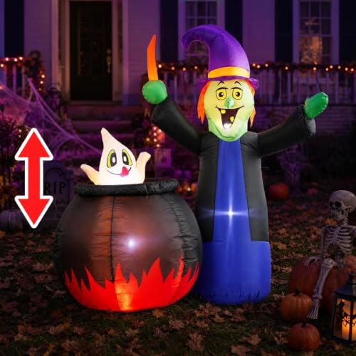5 Ft Inflatable Halloween Witch and Cauldron Outdoor Decor with LED Lights