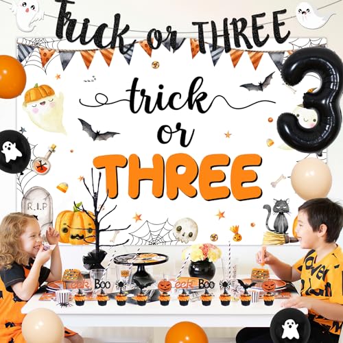 Halloween Trick or Three Party Decorations Kit with Banner Balloons & Cake Toppers