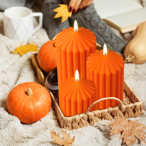 Orange Fall Scented Ribbed Soy Candle Set - 3 Varying Sizes, Aromatic & Long Burn