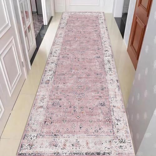 Pink Boho 2x6 ft Washable Hallway Runner Rug - Non Slip Vintage Entryway Carpet