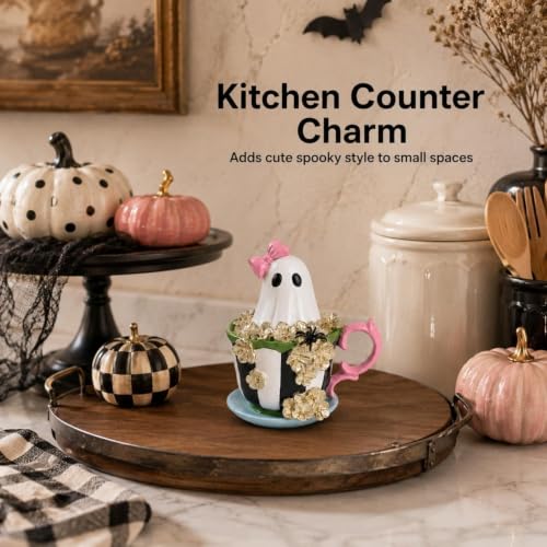 Black Ghost Figurine in Coffee Cup Halloween Decor - 5.5 Inch Resin Spooky-Cute