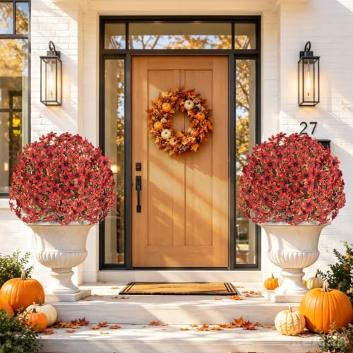 Artificial Fall Mum Topiary Ball Tree with Ground Spike - Dark Red, 14-Inch