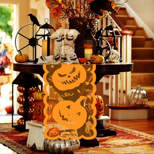 Halloween Lace Table Runner - Orange Jack-o'-Lantern Centerpiece Decor, 72 Inch