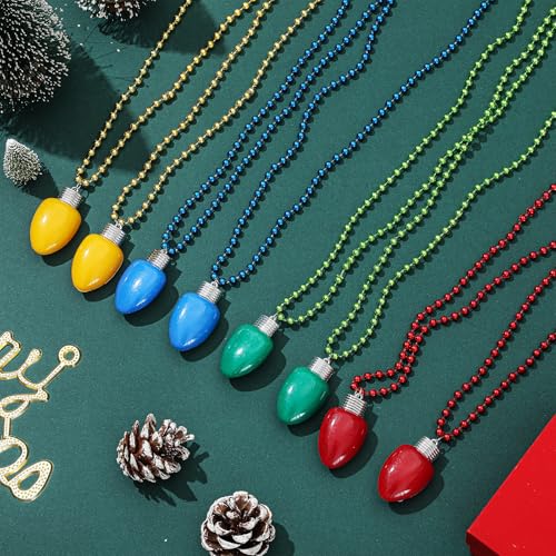 Christmas Light Up Necklaces Bulk Set - 48 LED Bulb Necklaces in Red Green Blue Gold for Parties & Decorations - Variation of 48