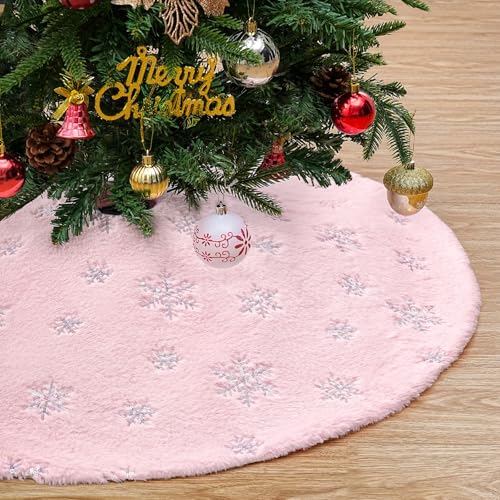 Pink Christmas Tree Skirt 48 Inch Silver Sequin Snowflakes Faux Fur