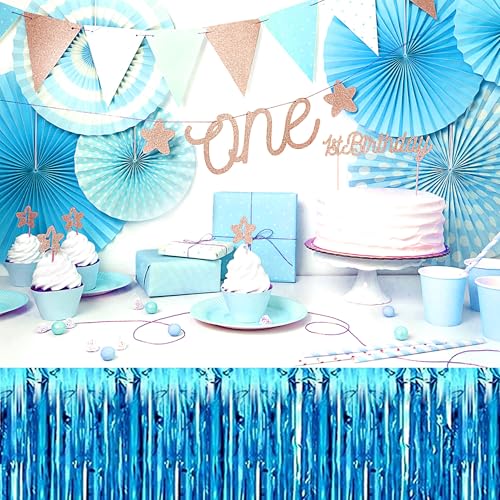 Lake Blue Foil Fringe Table Skirts 3 Pack - Metallic Tinsel Streamers for Party Decor