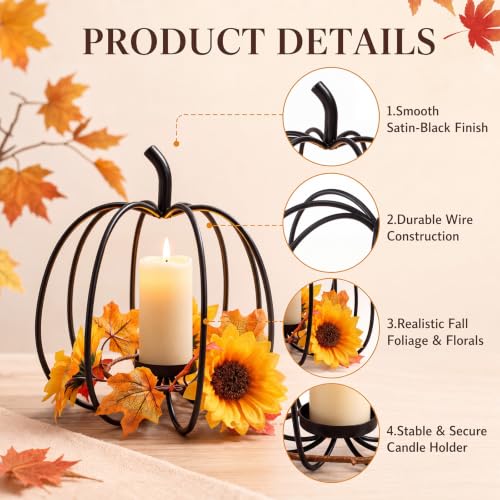 Metal Pumpkin Candle Holder - Fall Table Centerpiece for Autumn Decor
