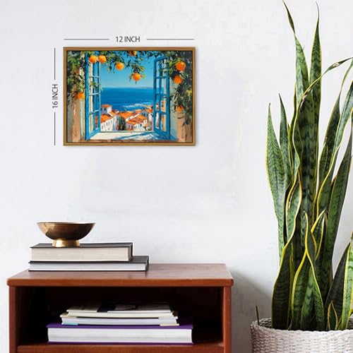 Mediterranean Wall Art Canvas - Blue Seascape & Coastal Landscape, 12x16 inches - Framed Beach Decor for Living Room & Bedroom