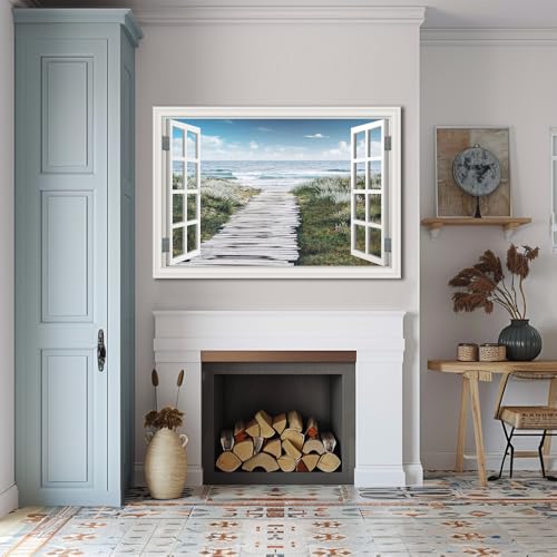 Large Beach Flower Path Ocean Canvas Wall Art - 48x32 Inch Coastal Seascape Painting