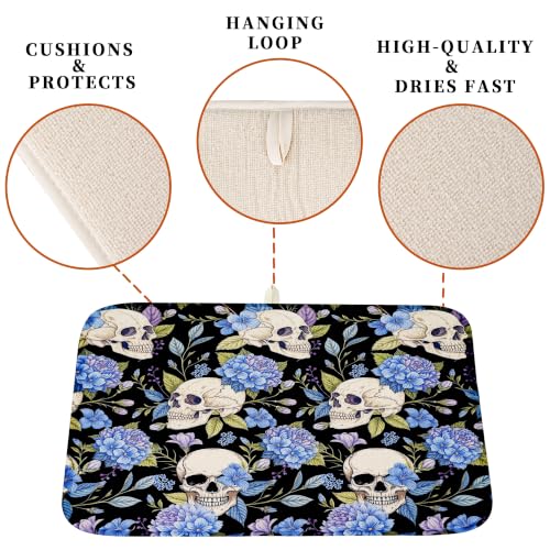 Halloween Skull & Floral Dish Drying Mat 18x24 Inch Kitchen Counter Protector