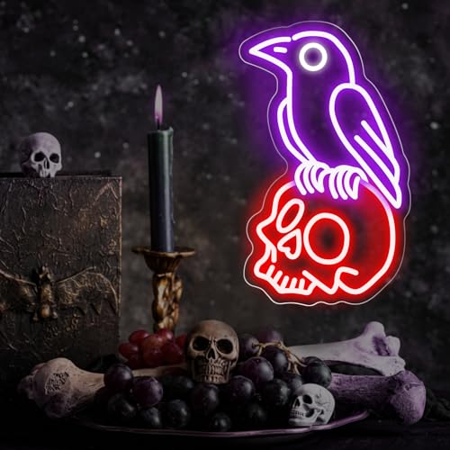 Gothic Raven on Skull Neon Sign - Purple & Red Skeleton LED Wall Light - Variation of Raven Skull-Purple Red