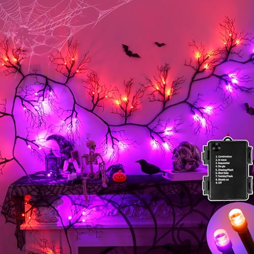 Lighted Halloween Garland with Orange & Purple LEDs - 9 Ft Battery Operated Decor with 8 Modes & Timer