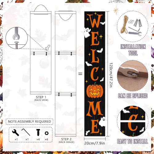 Halloween Porch Sign - Wooden Spooky Ghost Welcome Banner - Black & Orange - 47.2"