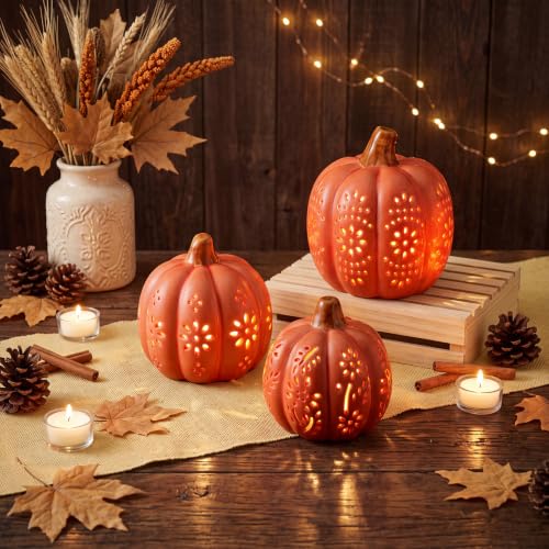 3-Piece Fall Ceramic Pumpkin Lights Set - Orange LED Halloween Decor
