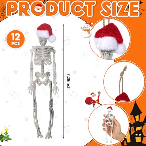 Christmas Skeleton Ornaments with Santa Hat - 12 Pack, 7.3 Inch Mini Decor