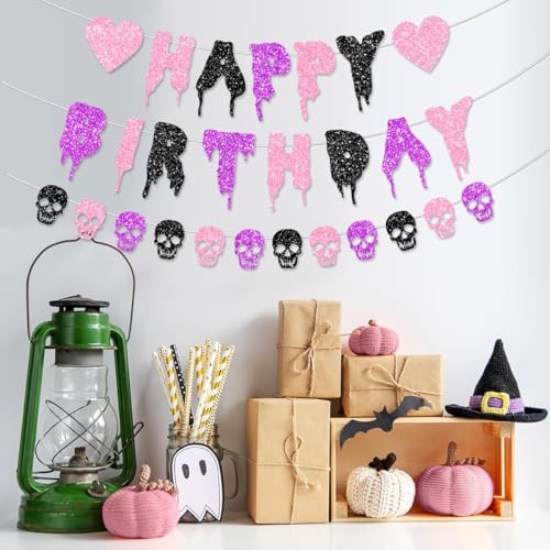 Halloween Birthday Banner & Skull Garland Party Decorations - Goth Gothic Halloween Theme