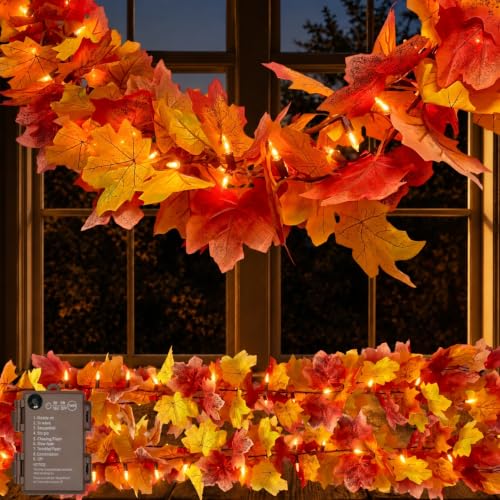 2 Pack Battery-Operated Fall Garland with Lights 9.8FT Orange Leaves & 8 Modes