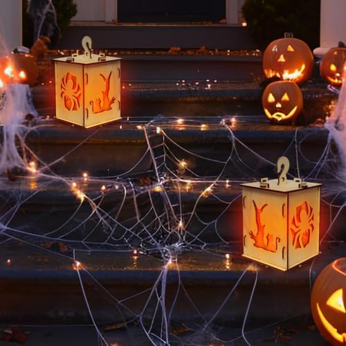 Halloween Wooden Lantern Box with Spooky Cat & Spider Cutouts - Rustic Candleholder Decor