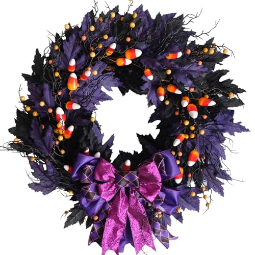 Halloween Door Wreath - 22 Inch Black & Purple Wreath with Witch Ornaments & Bow - Idyllic