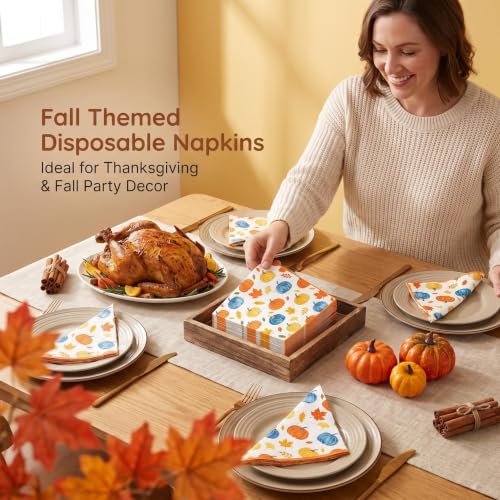Fall Paper Napkins 13x13 Inches - Pumpkin Maple Leaf Party Set - 50 Pcs
