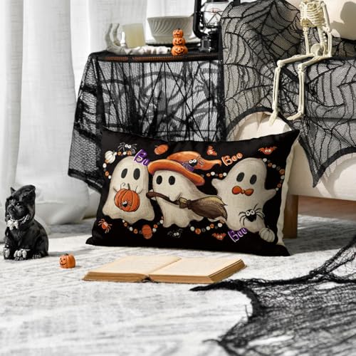 Halloween Ghost Wizard Throw Pillow Cover 12x20 Black Spooky Bat Pumpkin Cushion Case