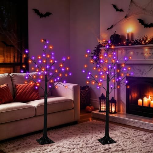 Halloween Black Tree Lights Set - 4Ft 2-Pack with Orange & Purple LEDs - Variation: Orange & Purple / 4Ft 2Pack