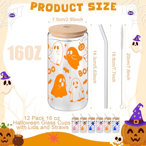 Potchen 12 Sets Halloween Ghost Color-Changing Glass Cups with Lids & Straws - Ghost Theme