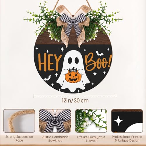 Halloween Door Sign Outdoor Decor Ghost Pumpkin Wreath - Hey Boo Variation
