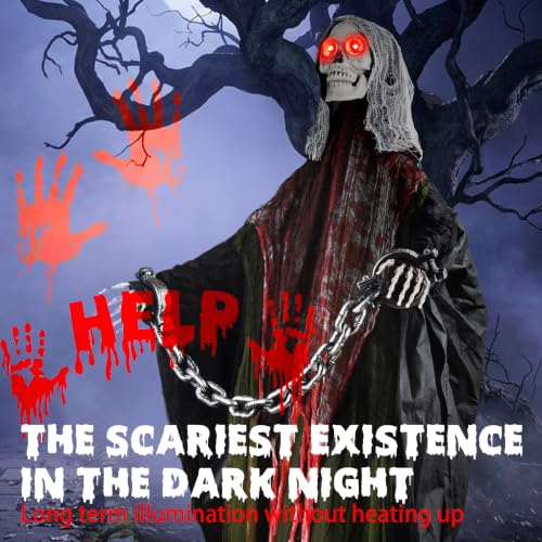 Red Halloween Skeleton with LED Red Glowing Eyes, Sound & Motion Activated, Swaying Body, Adjustable Arms, Yard & Indoor Decor