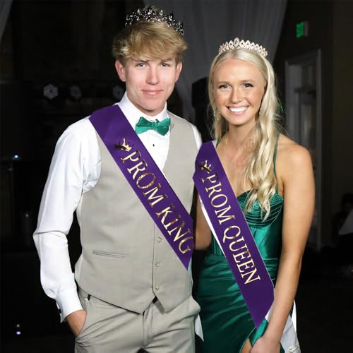 Purple Base Gold Words Prom Queen King Sash Decoration - 2 Pack