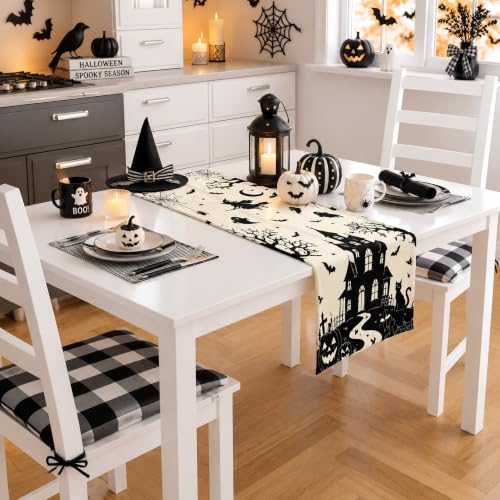 Halloween Haunted House Gothic Table Runner - Witch Ghost Bat Fall Decor - Variation of Halloween Haunted House