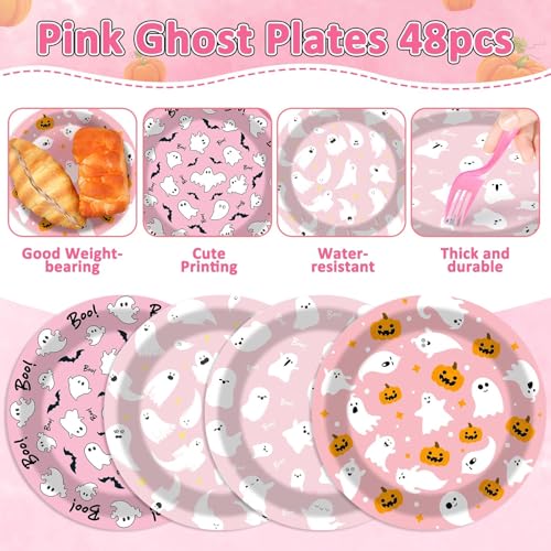 Pink Halloween Ghost Disposable Paper Plates - 48 Pack, Cute Pumpkin Party Tableware
