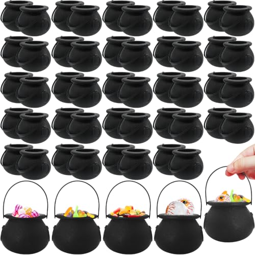 50 Pcs Halloween Mini Black Cauldrons - 2.8 Inch Portable Candy Holders with Handles
