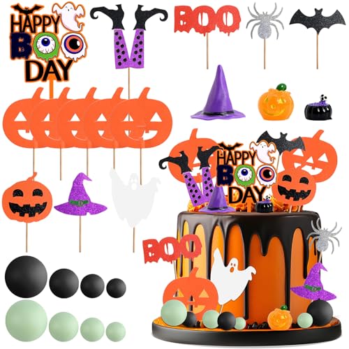 Halloween Cake Decorations Set with Pumpkins, Ghosts, Witches & Boo Signs
